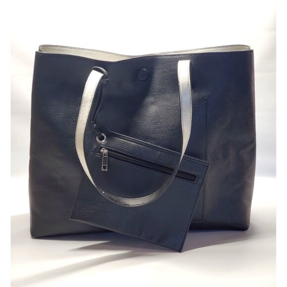 NWOT Stylish Women's Black/Silver Reversible Shoulder/Coin Purse Tote Bag 735 - Picture 3 of 8